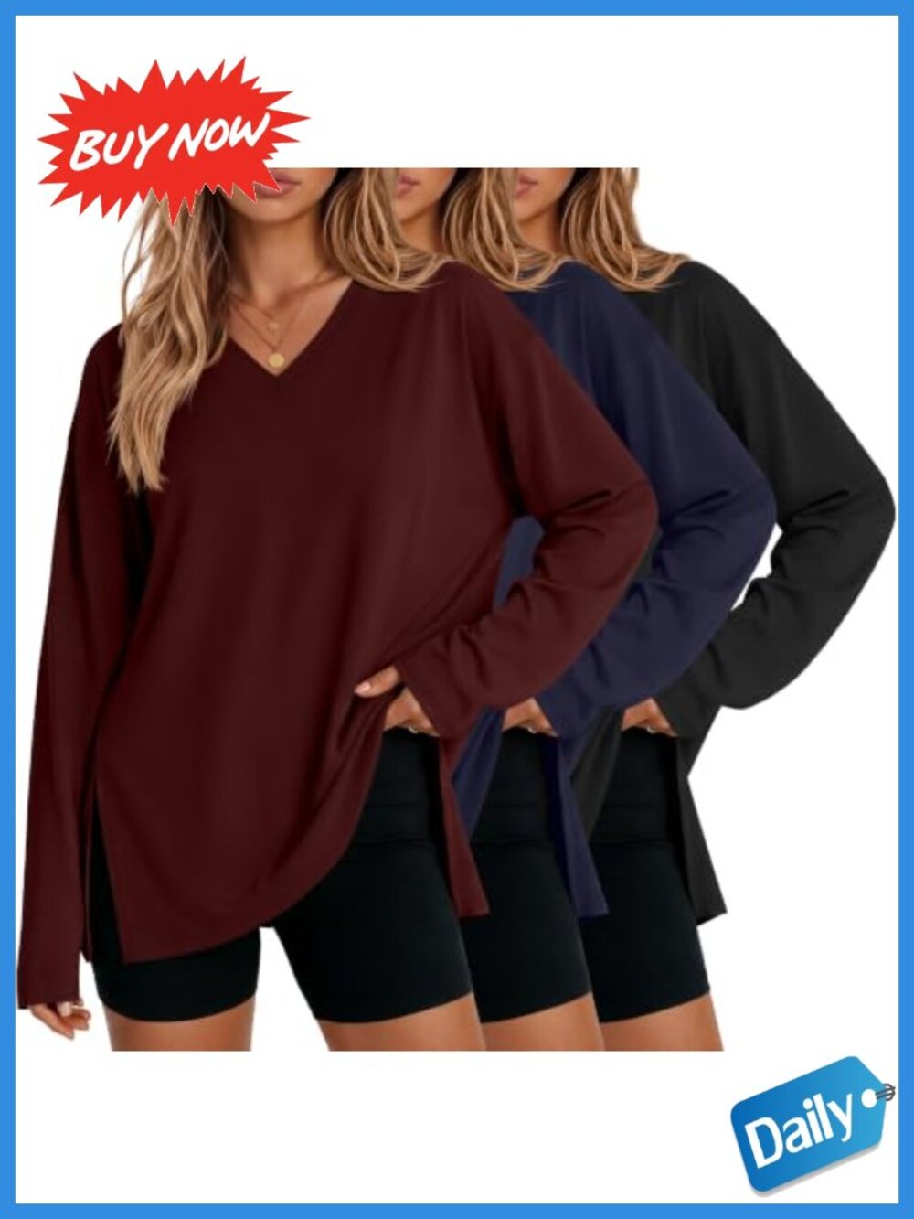 V Neck Oversized Long Sleeve Tunic Top 3 Pack Polyester Spandex